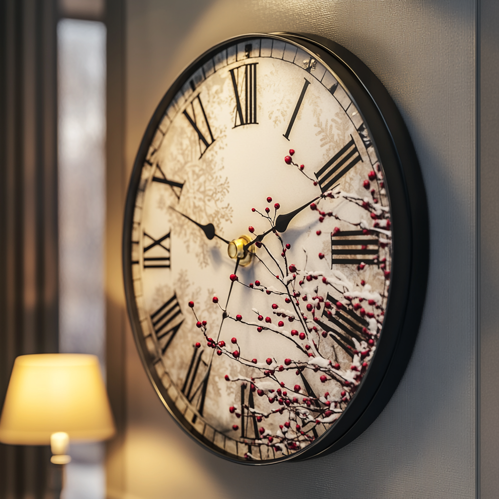 Winter scene with vintage clock and snowflakes