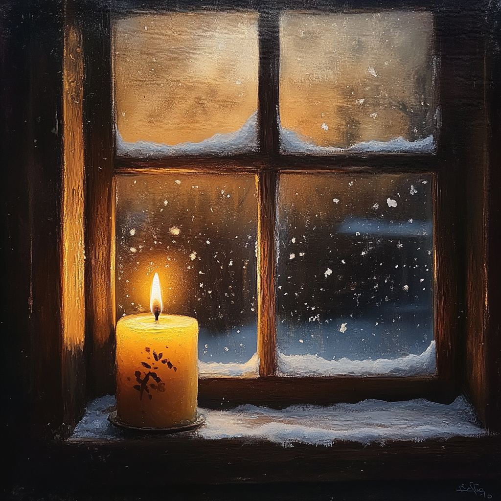 Winter window with snow, candle warmth inside