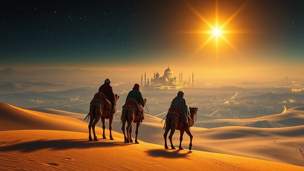 Wise Men Approaching Bethlehem under Bright Star