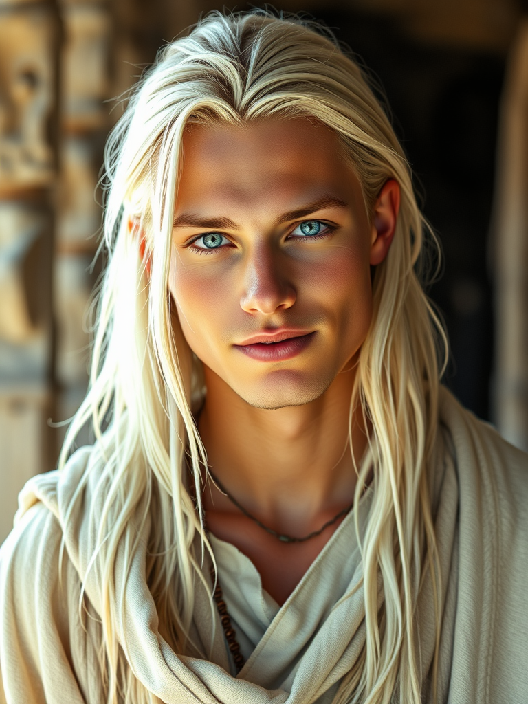 Wise Young Man with Ethereal Aura in Tribal Attire