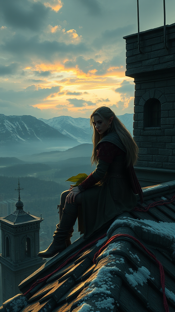 Witcher and sorceress enjoy sunset on rooftop.