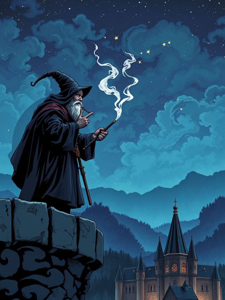 Wizard Smoking on Castle Wall Under Starry Night