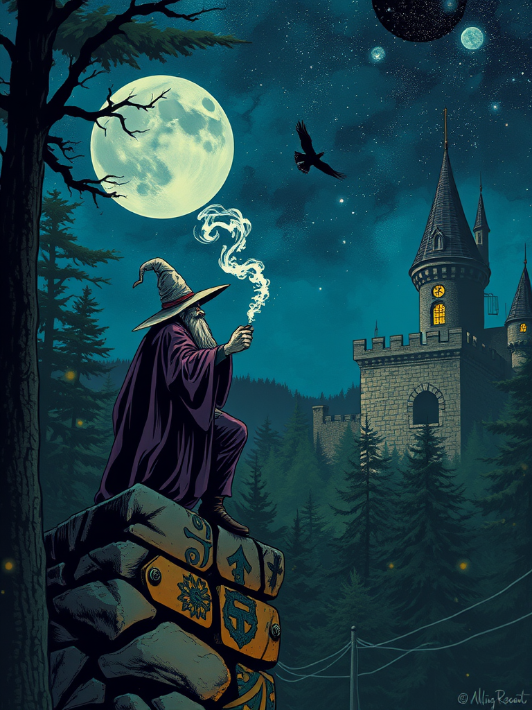 Wizard Smoking on Castle Wall: Retro Fantasy Comic