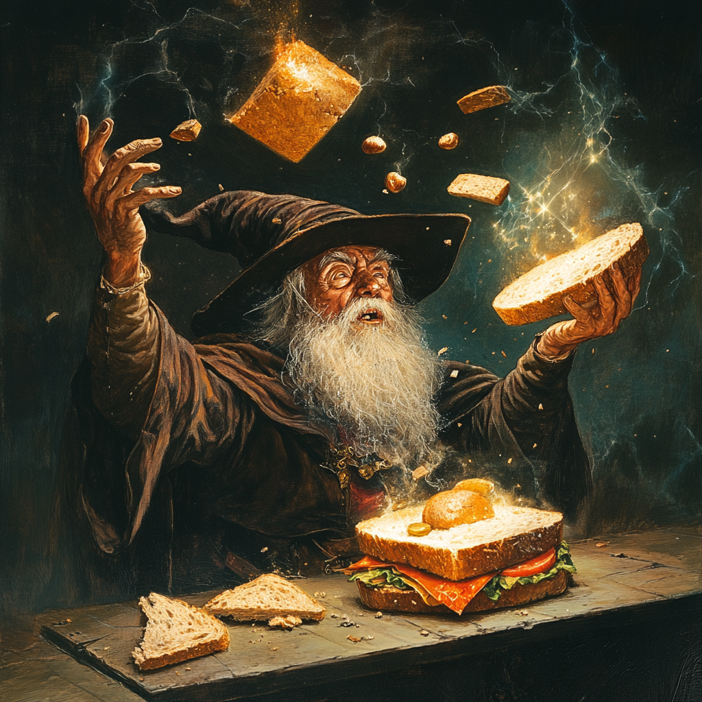 Wizard uses magic to make sandwich in fantasy world