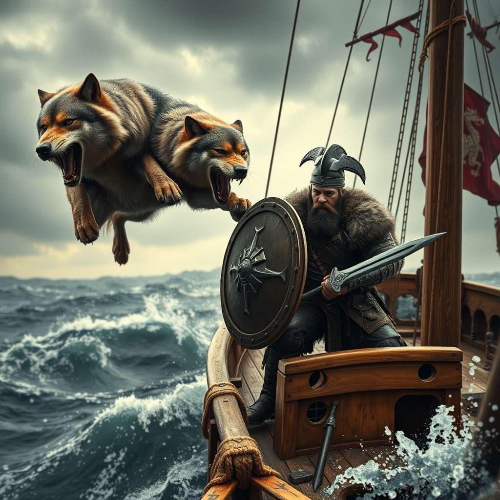 Wolf Attacking Viking on Stormy Ship Voyage