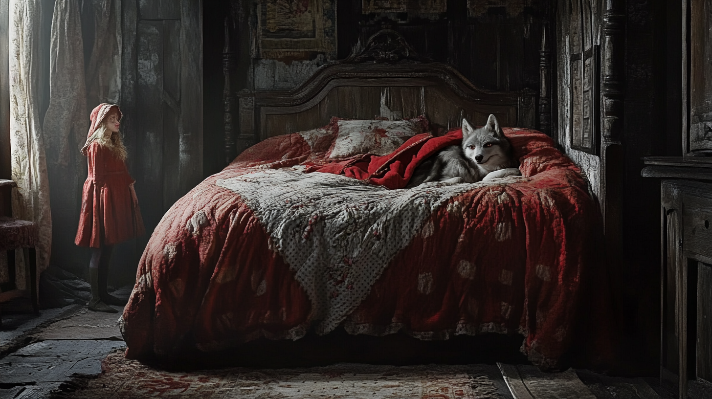 Wolf in grandmother's clothes in bed, Little Red confused.