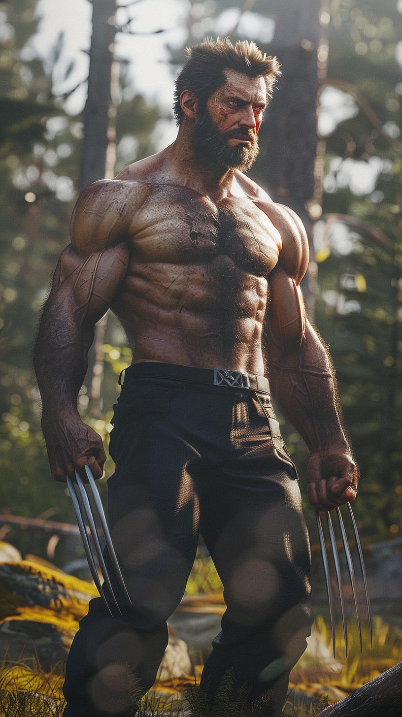 Wolverine in forest, claws out, intense eyes, powerful stance