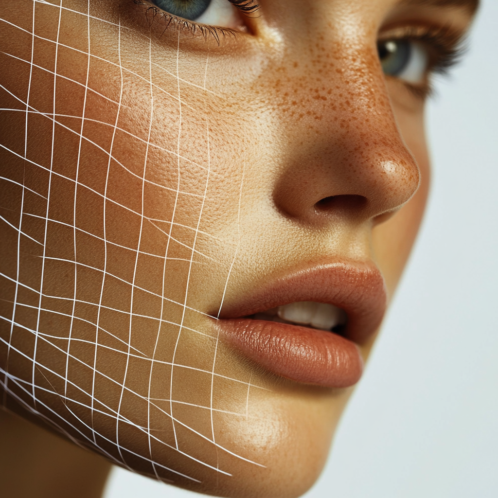 Woman's flawless face with grid overlay, modern aesthetic.