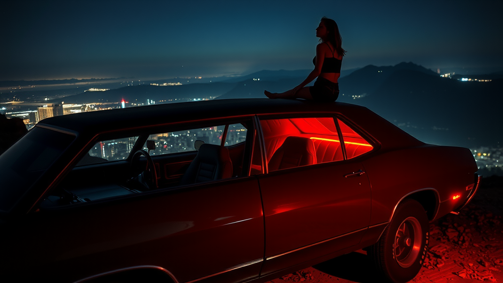 Woman Dreamily Overlooking City on Neon-Lit Car