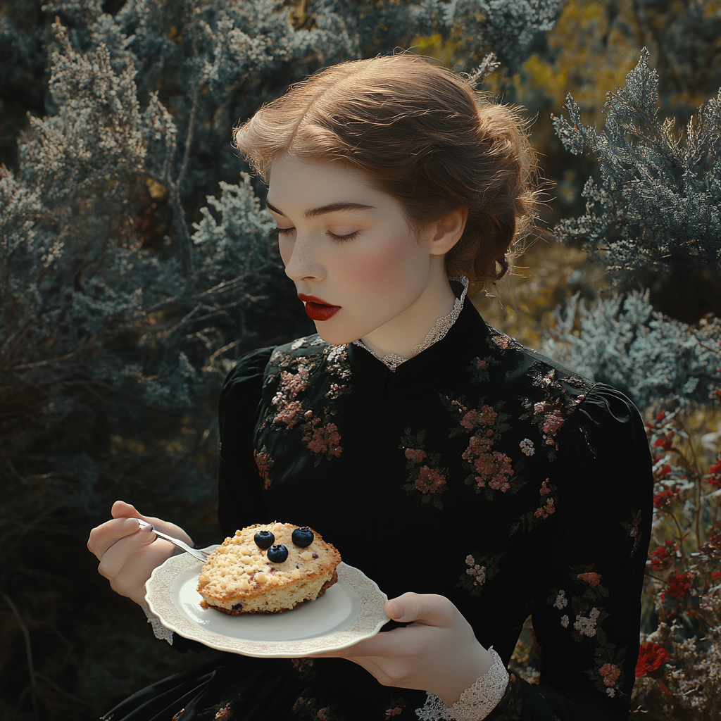 Woman Enjoying Almond Cake in Nature