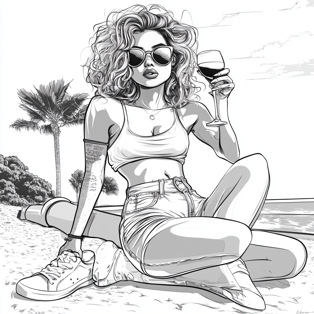 Woman Posing by Pool with Wine, Vector Outline