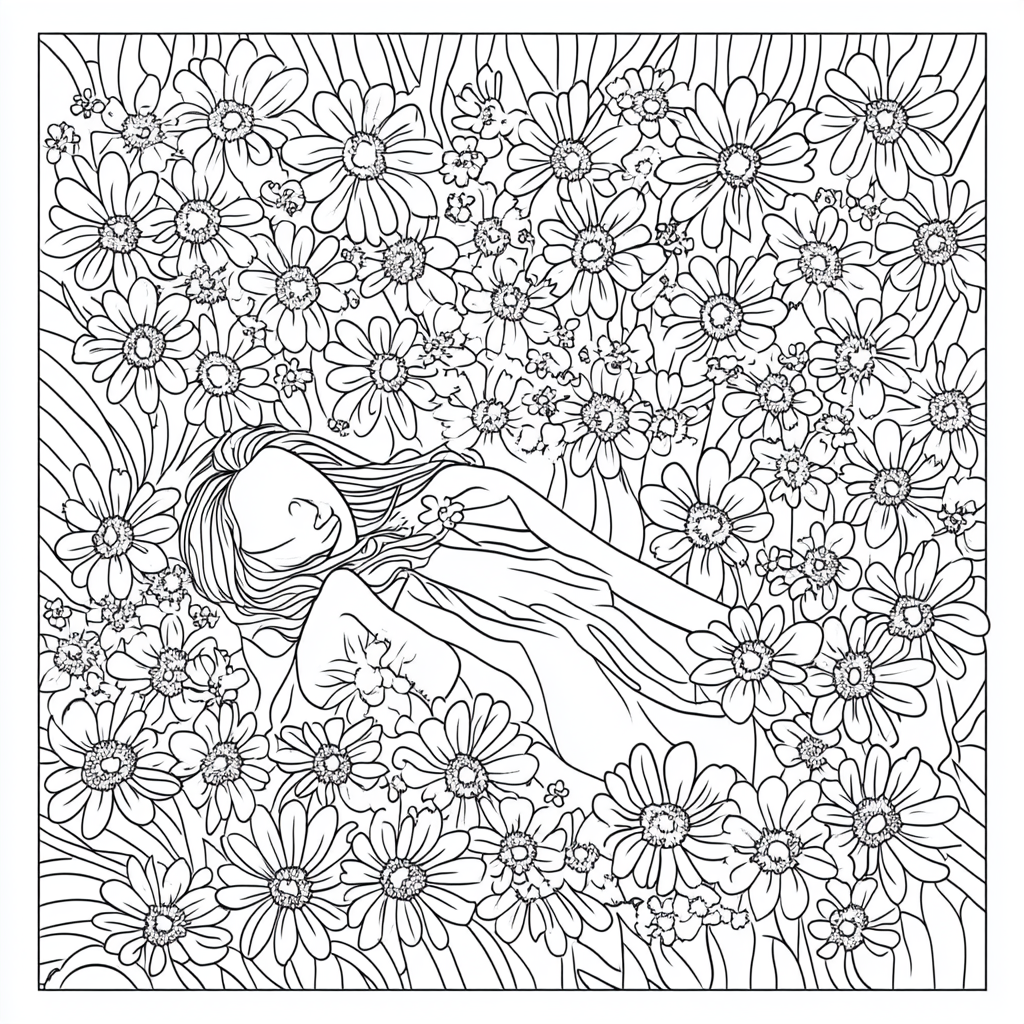 Woman Rests in Daisy Field Coloring Page