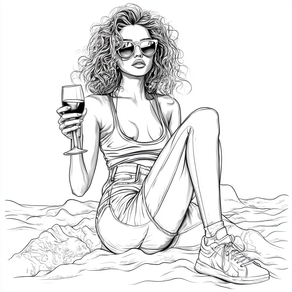 Woman Sipping Wine on Beach, Black & White Sketch