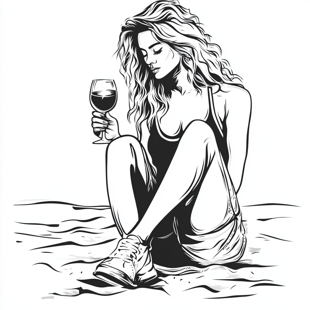 Woman Sipping Wine on Beach, Black and White Outline