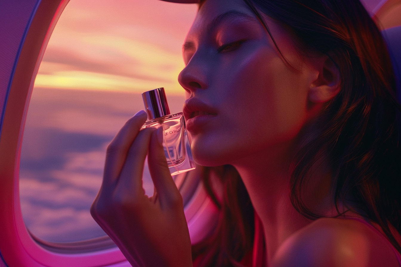 Woman Smelling Perfume in Airplane During Sunset