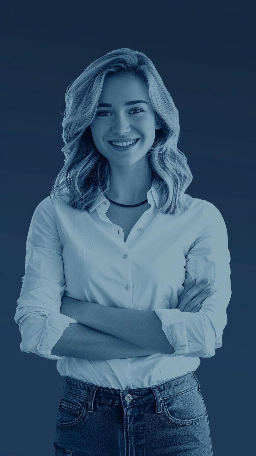 Woman Smiling with Arms Folded in Blue Background