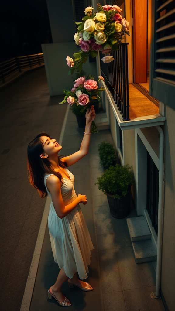 Woman catching bouquet of flowers on quiet street.