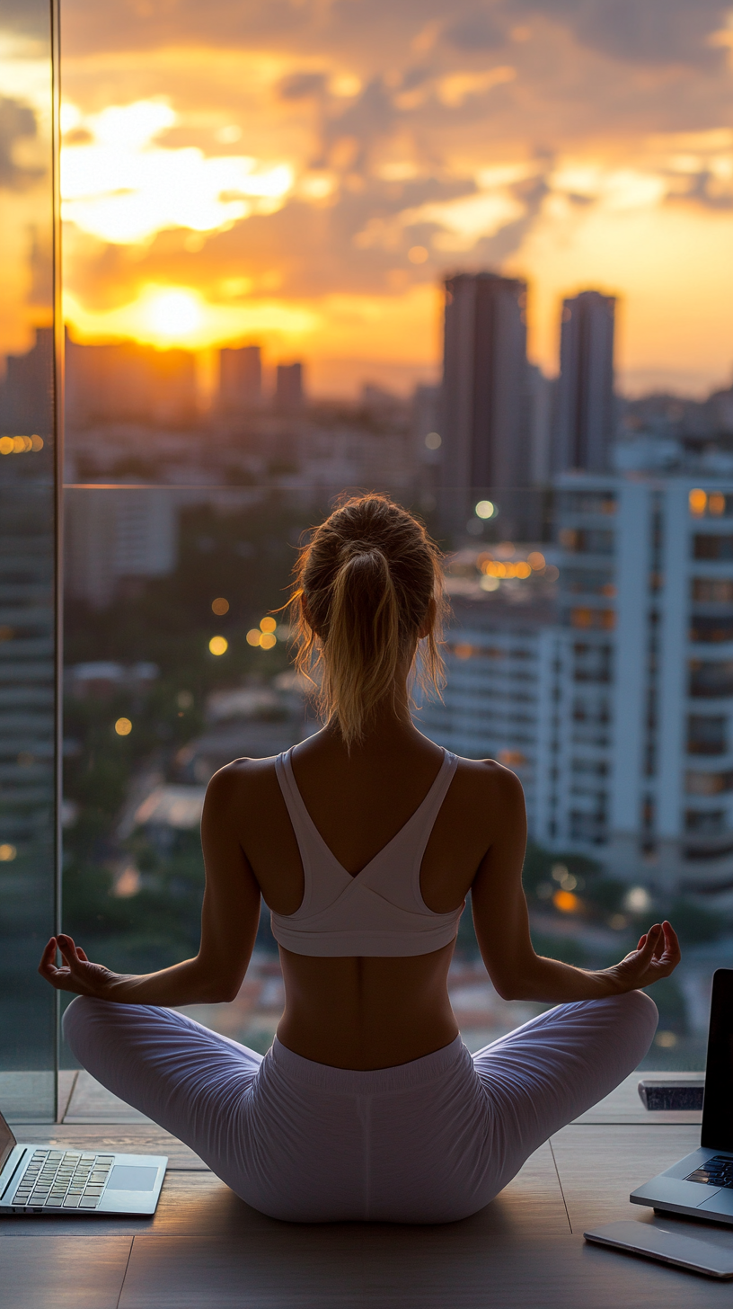 Woman does yoga on balcony