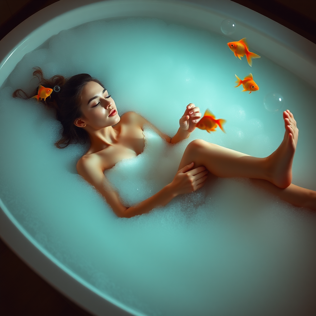 Woman enjoys bubble bath with goldfish bubbles.