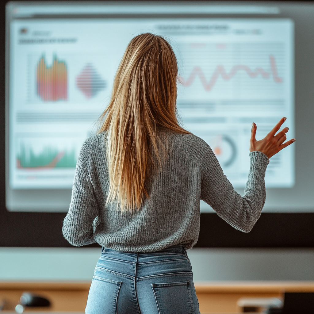 Woman gray cardigan jeans presentation statistics graphs cinema viewing.