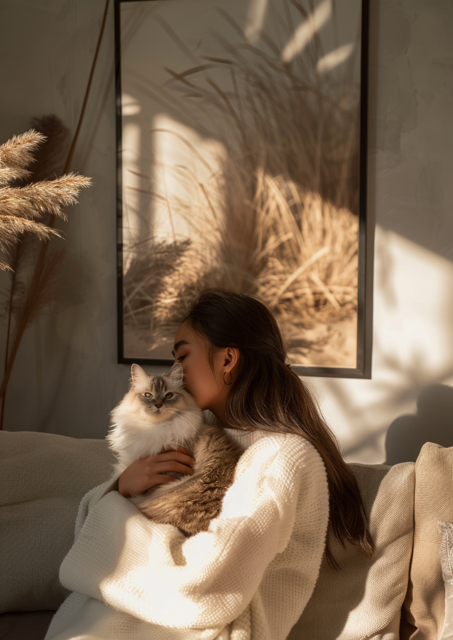 Woman holding cat in hyperrealistic frame on wall.