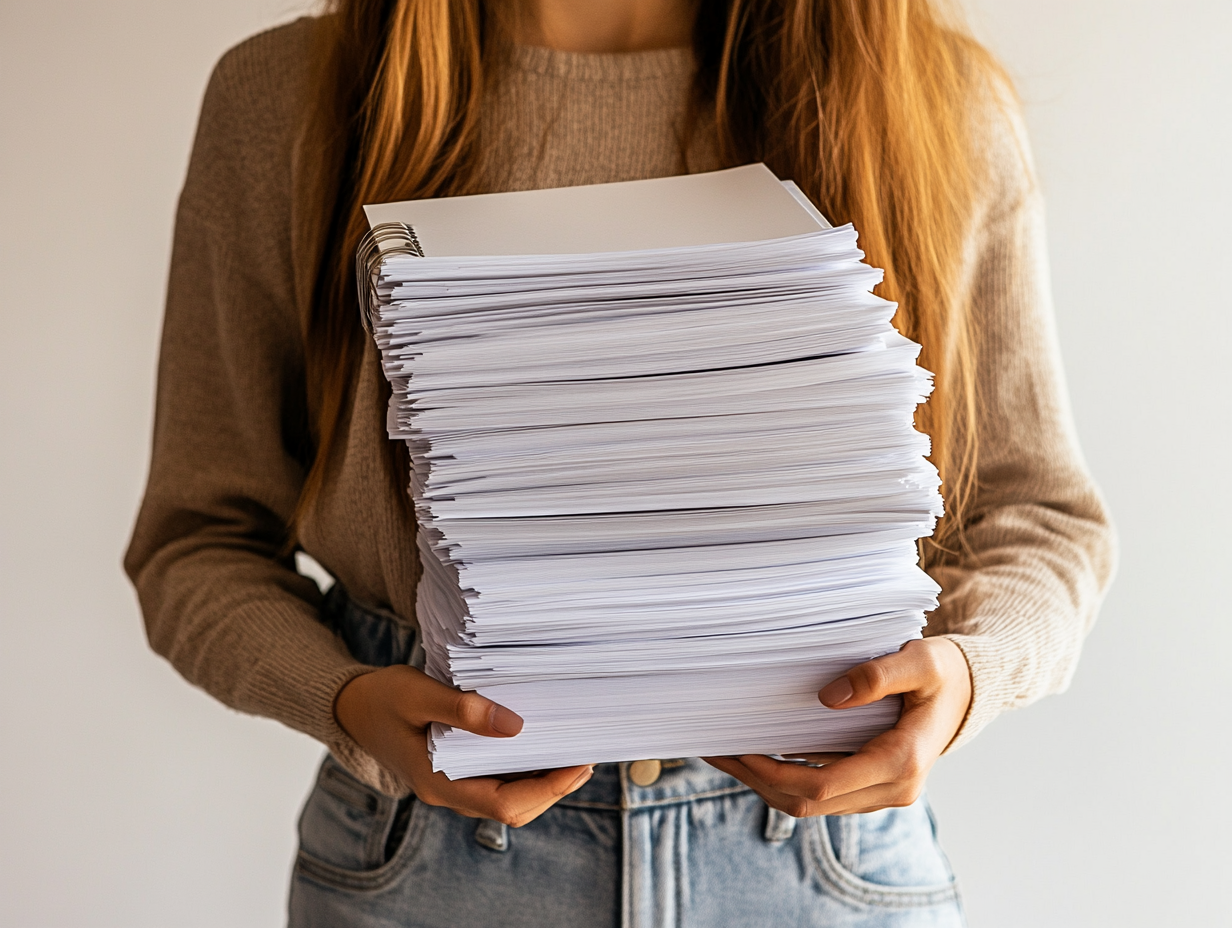 Woman holding papers and planner, clean, professional photography.