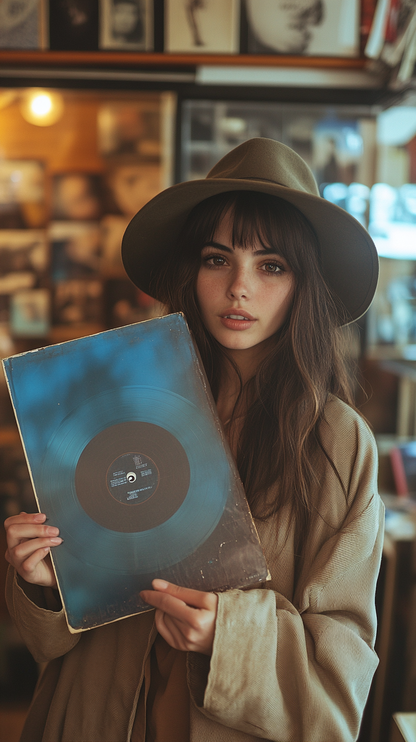 Woman holds album cover perfectly aligned with face