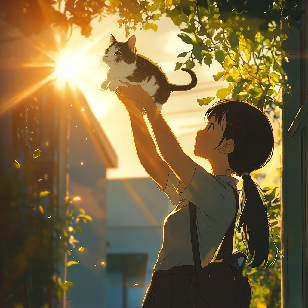 Woman holds cat under sunlight in heartfelt scene