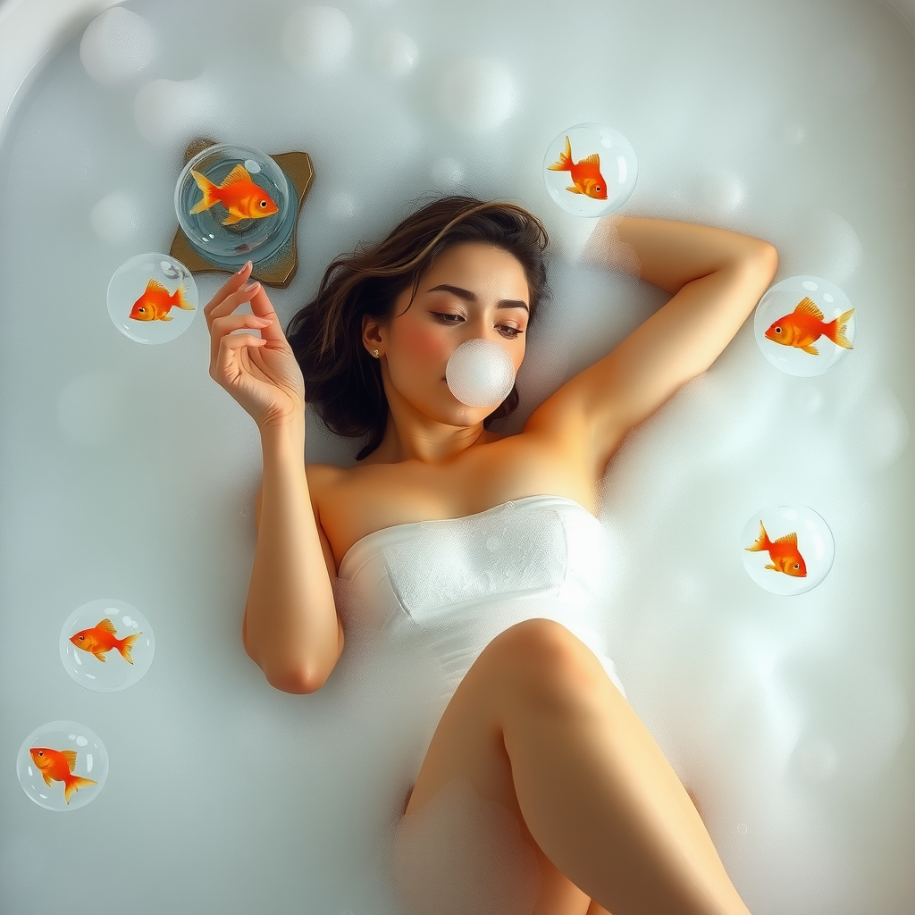 Woman in Bubble Bath Blowing Goldfish Bubbles