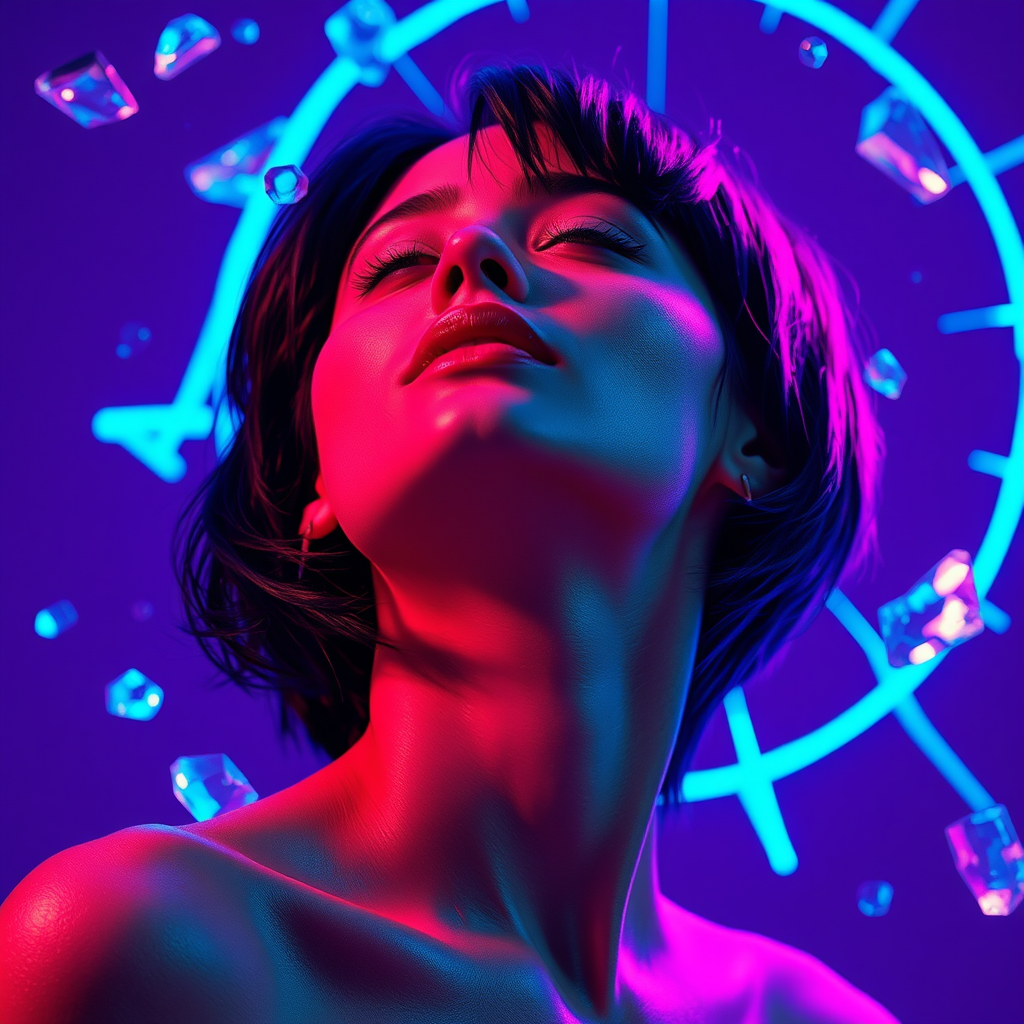 Woman in Ecstasy with Crystal Effects and Neon Lights