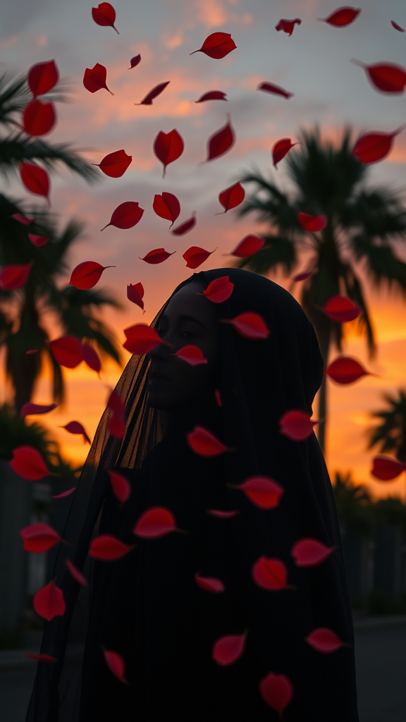 Woman in Hijab Amidst Windy, Sunset Rose Leaf Storm