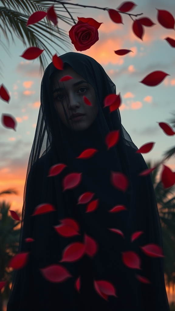 Woman in Hijab Amidst Windy Rose Leaf Sunset