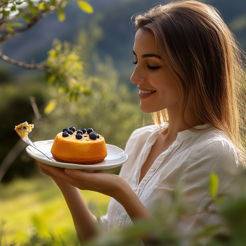 Woman in Nature Enjoying Blueberry Almond Friand