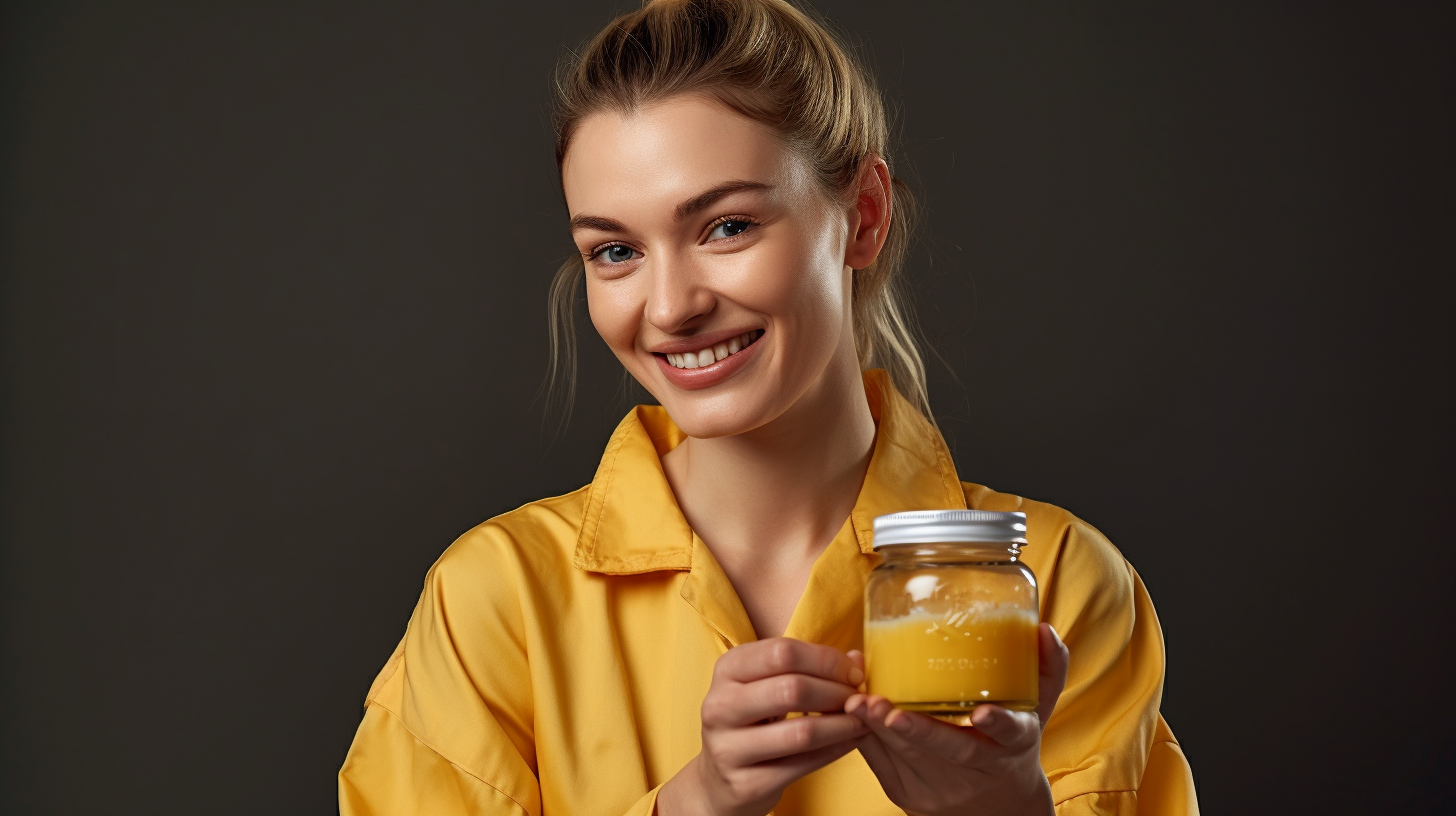 Woman in Yellow Lab Coat Holding Face Cream