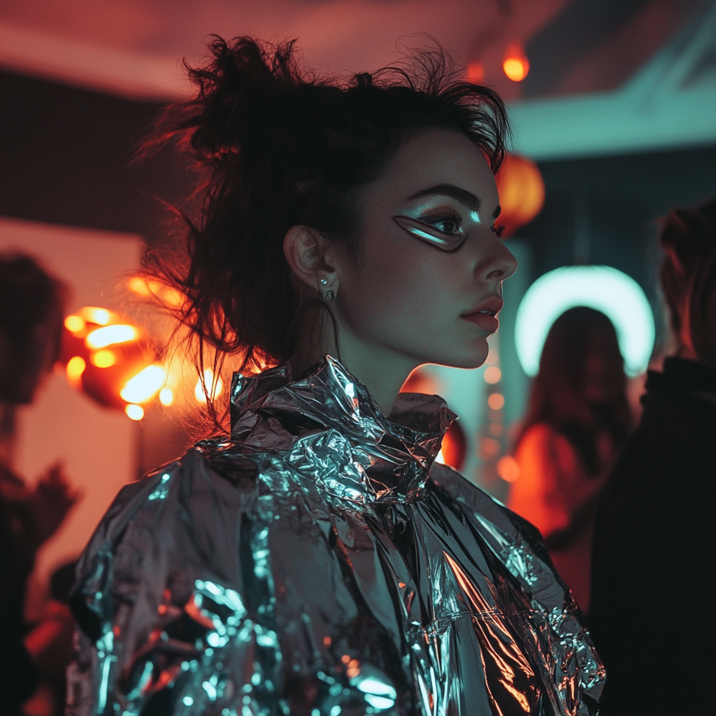 Woman in aluminum foil costume at Halloween party