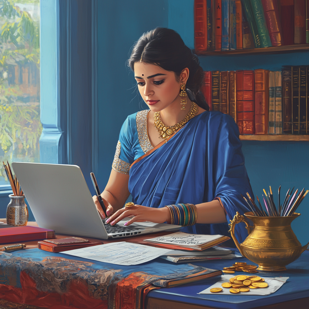 Woman in blue sari writing novel on laptop.