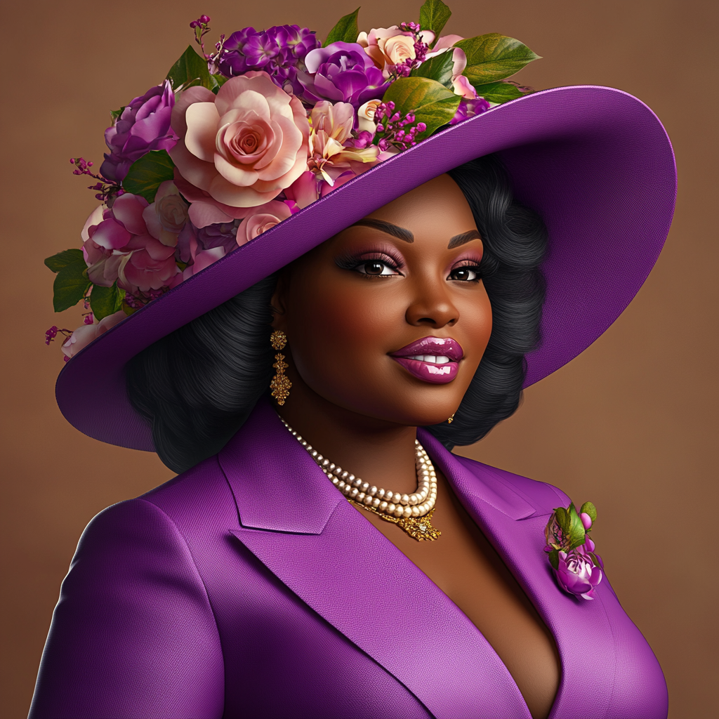 Woman in purple dress suit and flowered hat