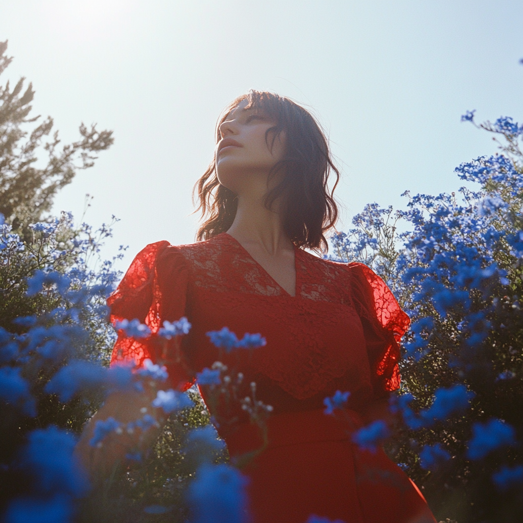 Woman in red dress surrounded by blue flowers