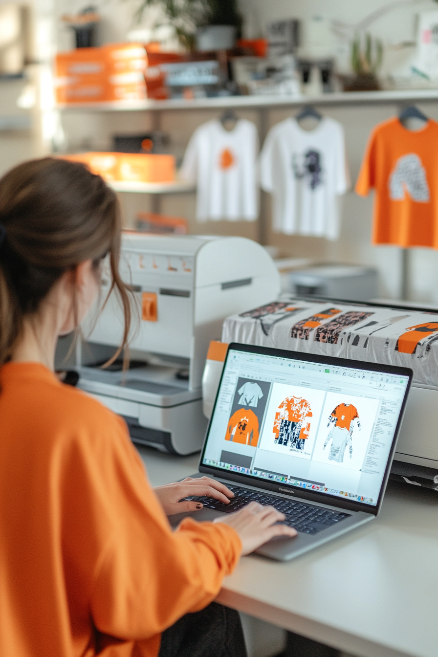 Woman making T-shirt design on laptop with prints.