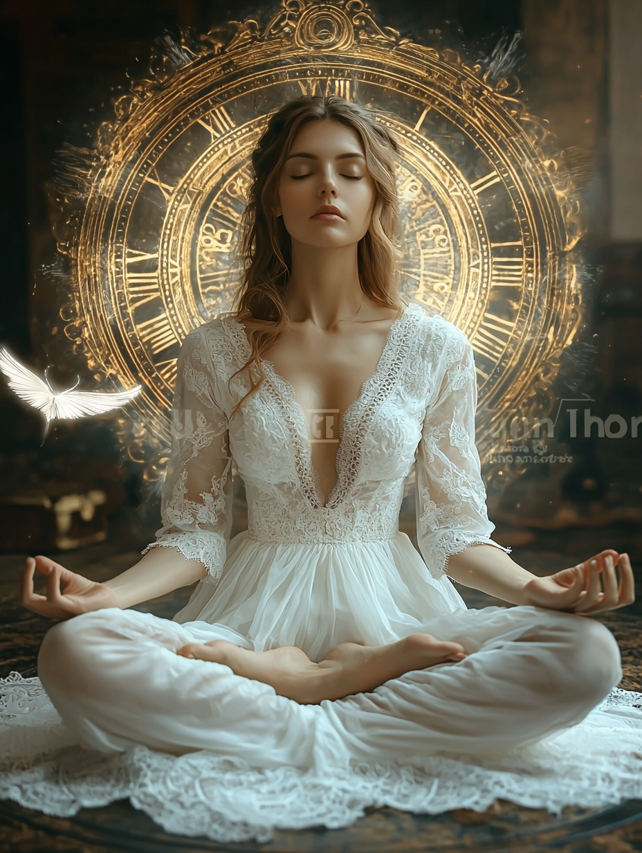 Woman meditating in white dress with time aura