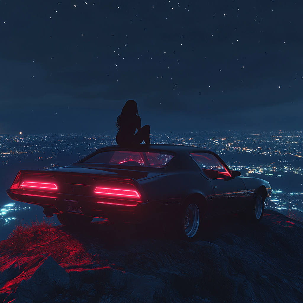 Woman on Car Roof Overlooking City Lights