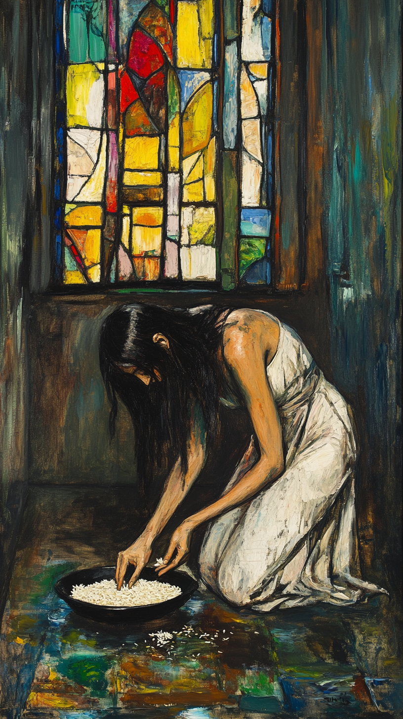 Woman picking up rice in church, lonely oil art