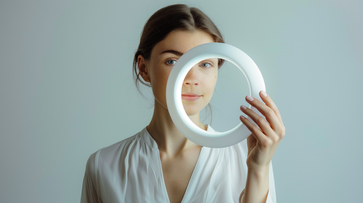 Woman showcasing 23cm half-circle on white background