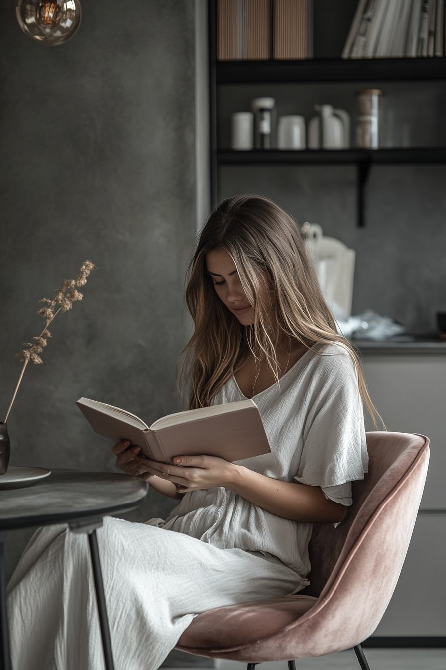 Woman sits in cozy kitchen reading book.