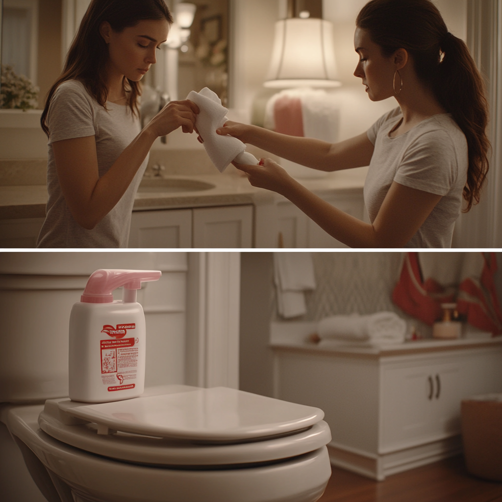 Woman uses product to clean toilet seat