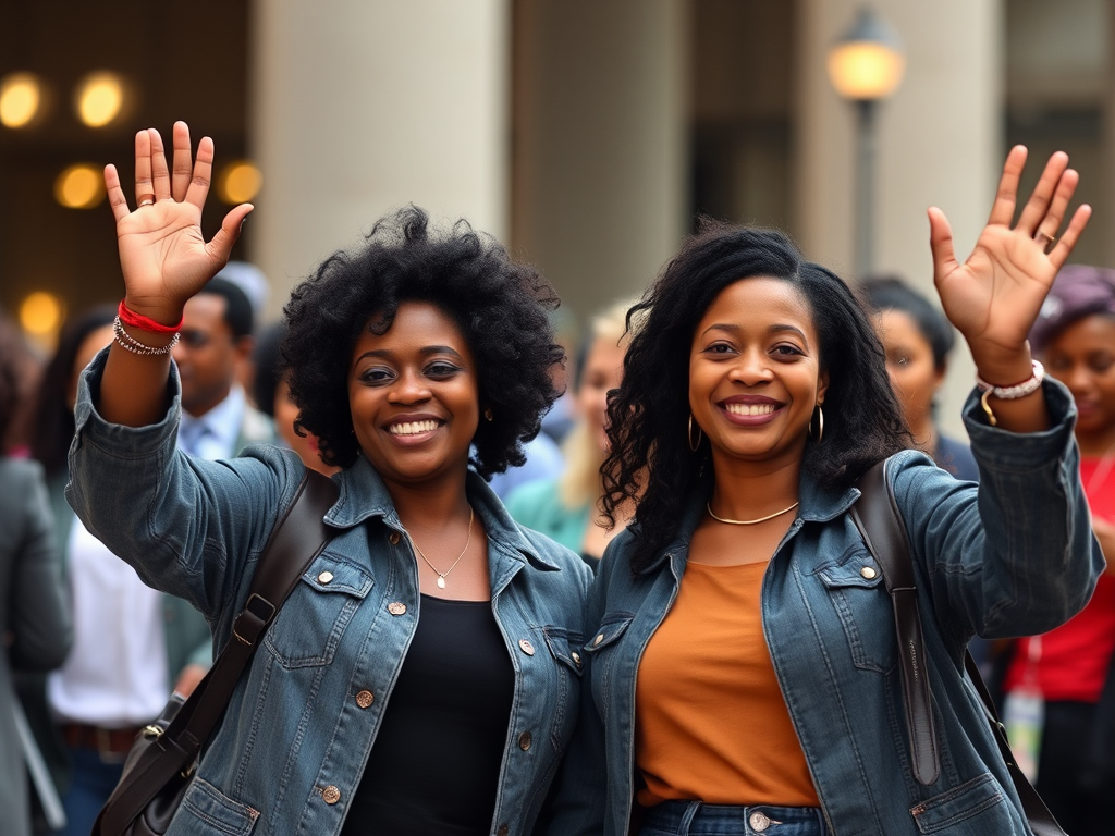 Woman with arms up, waving in celebration.