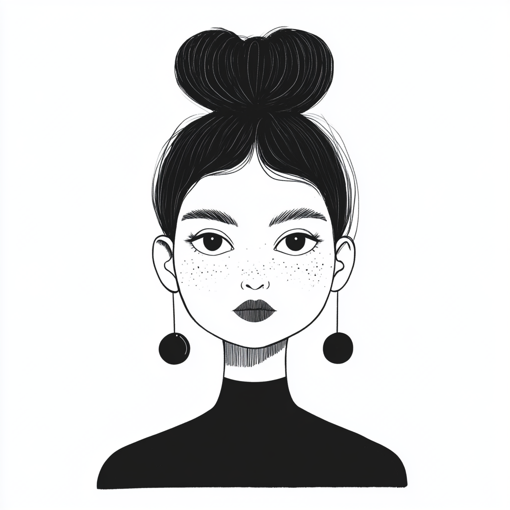 Woman with tall hair, big earrings: cartoon style