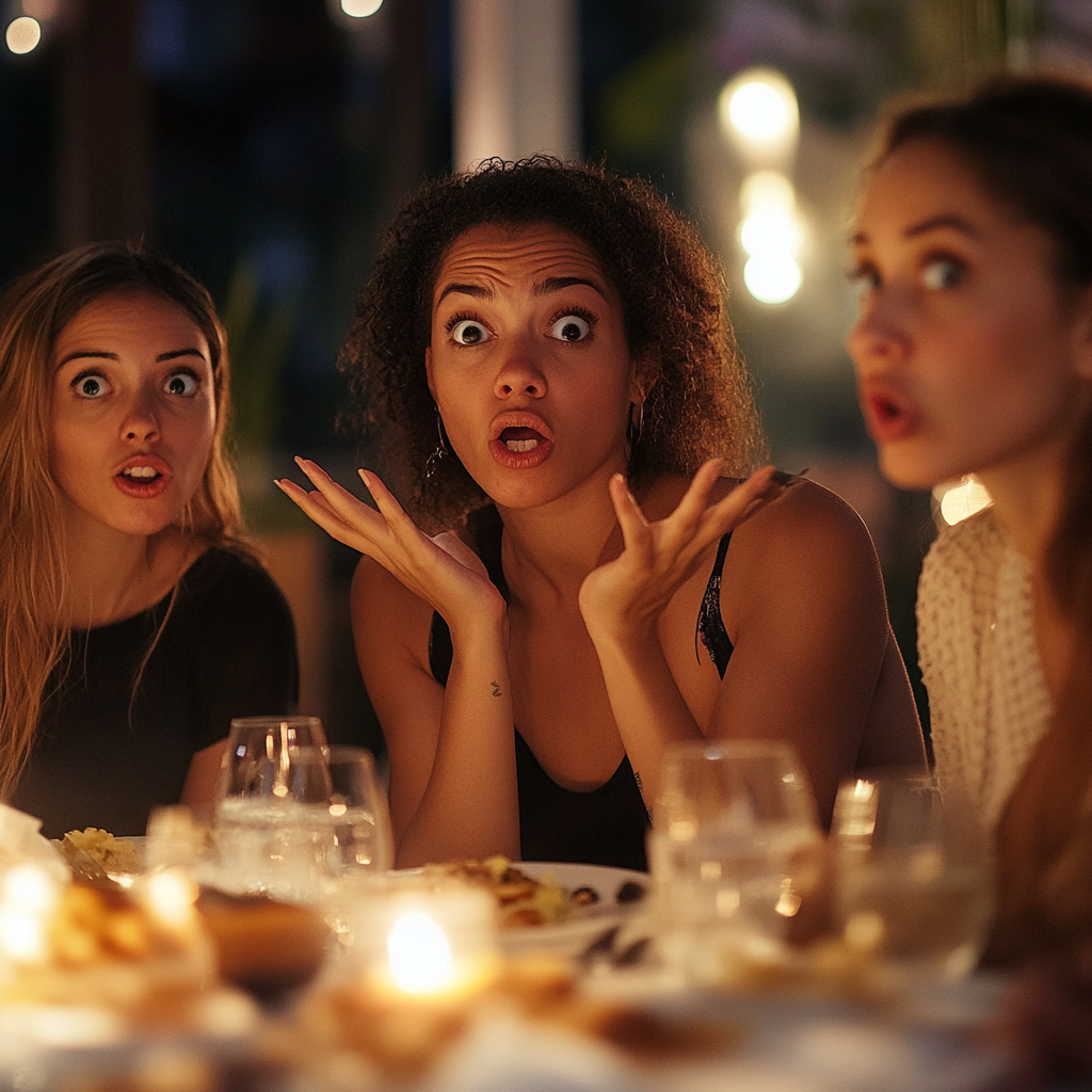 Women at dinner with shocked, offended expressions