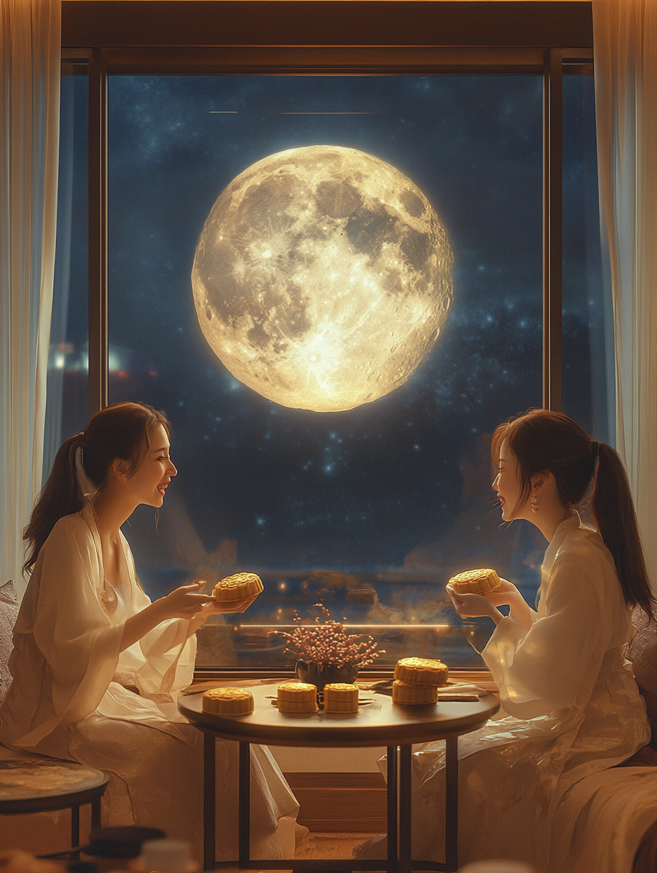 Women enjoying Mid-Autumn Festival in modern room