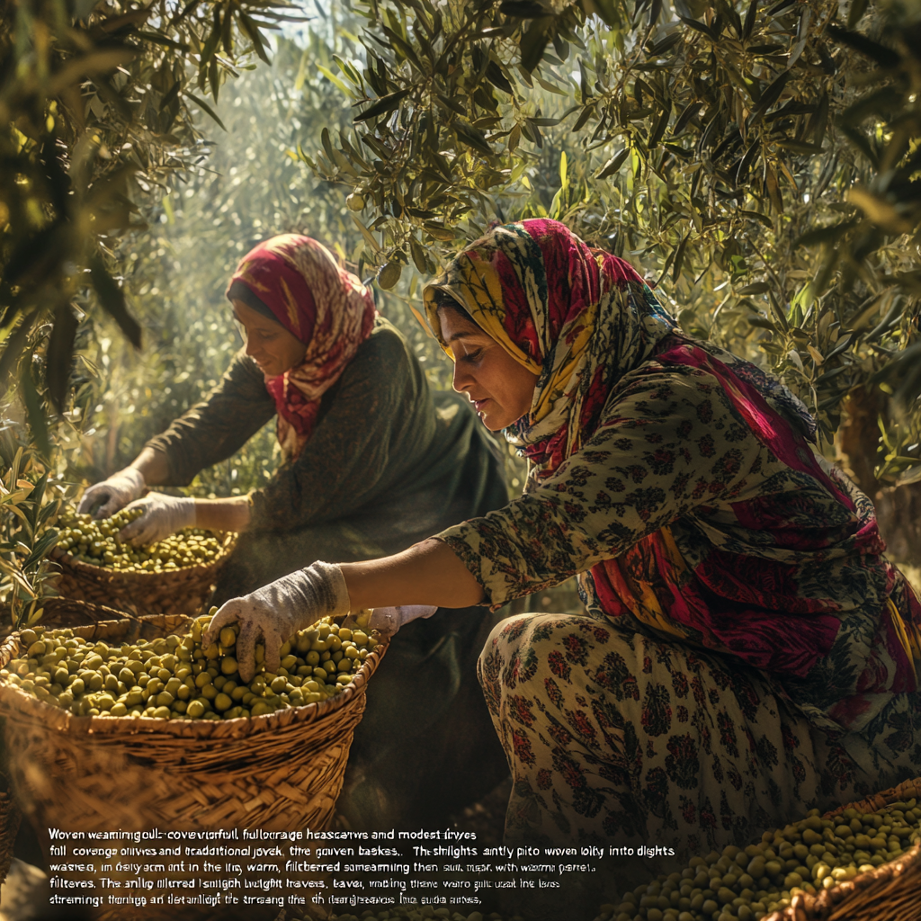 Women happily picking olives in traditional clothes.